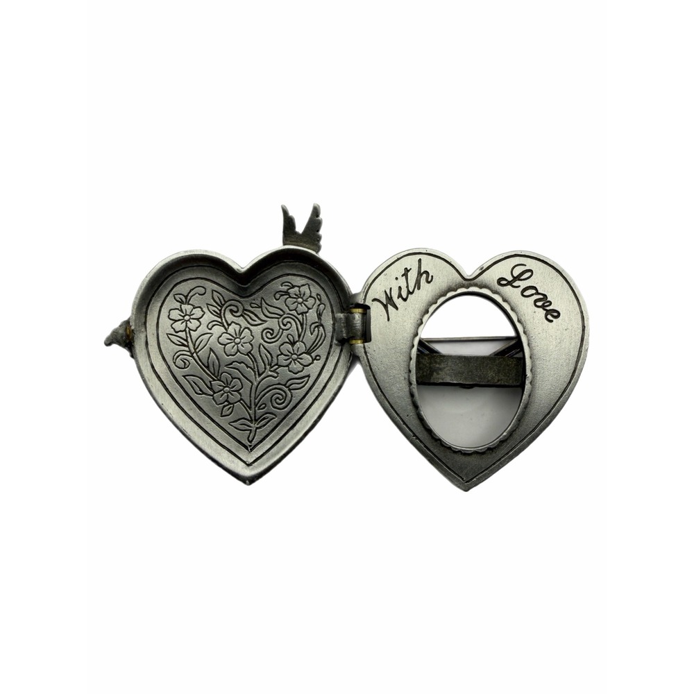 JJ Jonette Jewelry Vintage Grandma Heart Locket Brooch Hummingbird Pewter Tone - Picture 2 of 3